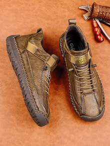 CLOHOO Brand Handmade Men's Shoes, Men's Casual High-Top Sneakers, Rubber Sole Breathable Comfortable Men's Ankle Boots, Handcrafted Outdoor Wear Men's Shoes, Provide Plus Size, Fashionable Youth Comfortable High-Top Men's Boots, Classic Style Men's Ankle Boots With Eyelets - Khaki - View 2