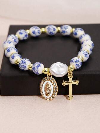 1pc Elegant Ceramic Bracelet, Made With Golden Beads And Faux Baroque Pearls, Featuring A Stainless Steel Virgin Mary Pendant, A Great Gift/Christian Jewelry/Religious Gift
