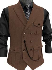 Men's Double-Breasted Retro Classic Suit Vest Slim Business Wedding Best Man - Coffee Brown - View 1