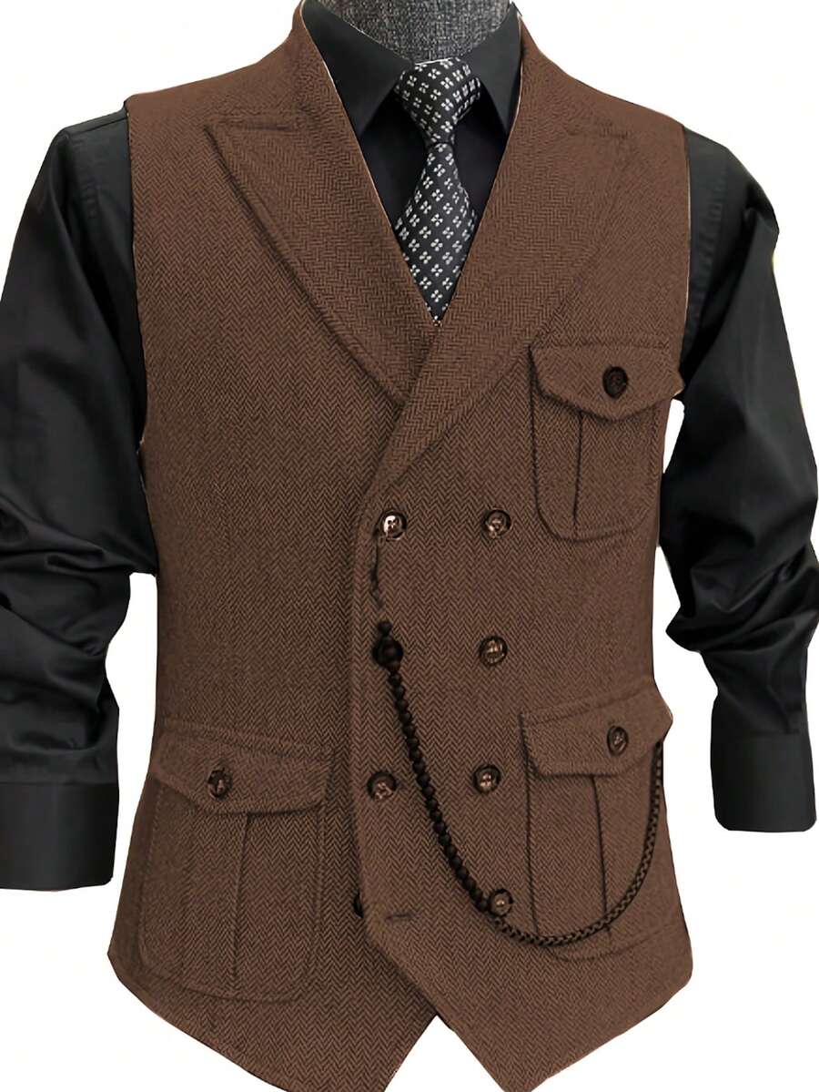Men's Double-Breasted Retro Classic Suit Vest Slim Business Wedding Best Man - Coffee Brown - View 1