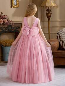 Tween Girl Pink Handmade Beaded Sequin Trim V-Neck Elegant Party Dress, Princess Dress Suitable For Girls Birthday Party, Banquet, Prom, Flower Girl Wedding, Bridesmaid Dress, Holiday Celebration - Pink - View 2