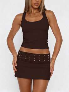 Y2K Studded Bodycon Mini Skirt For Women Fold Over Waist Low Rise Stretchy Micro Skirts Summer Slim Fit Going Out Short Skirts Underneath Party Club Concert Outfit Streetwear - 咖啡棕 - 查看 2
