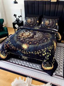3PCS Golden Sun And Moon Planet Intensification Quilt Set(1 Comforter+2 Pillowcases Without Pillow Core), Contains Padding 180gsm Quilting Soft Ventilate Digital Printing Bedroom Dormitory Room Decor King Size Quilt Cover Set - Nhiều màu - Xem 3
