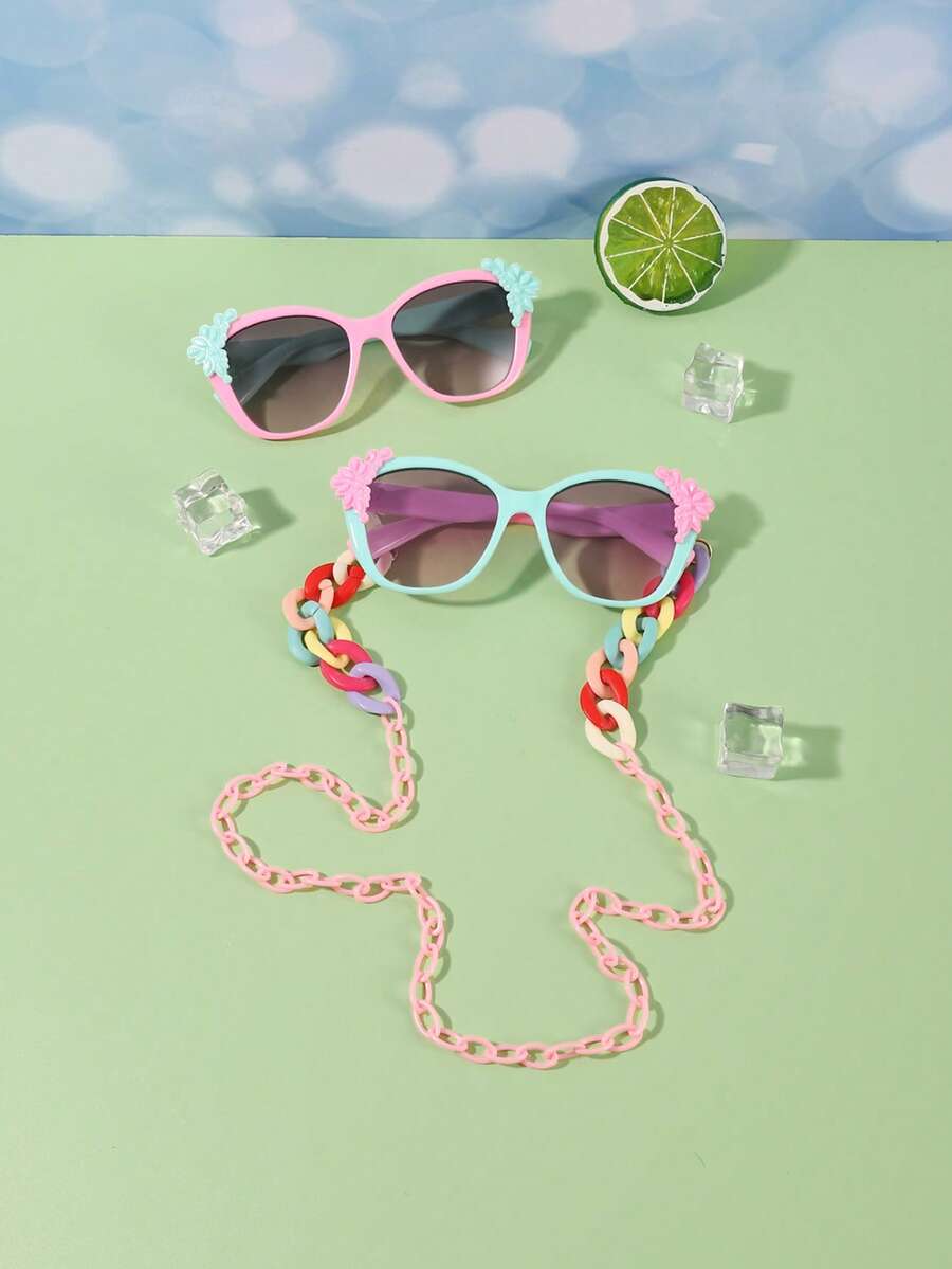 2pcs Girls' 3-8Y Polycarbonat Cat Eye Frames Y2K Flower Embellishment Fashion Glasses And 1pc Glasses Chain, Outdoor Travel Holiday Party - Multicolor - View 1