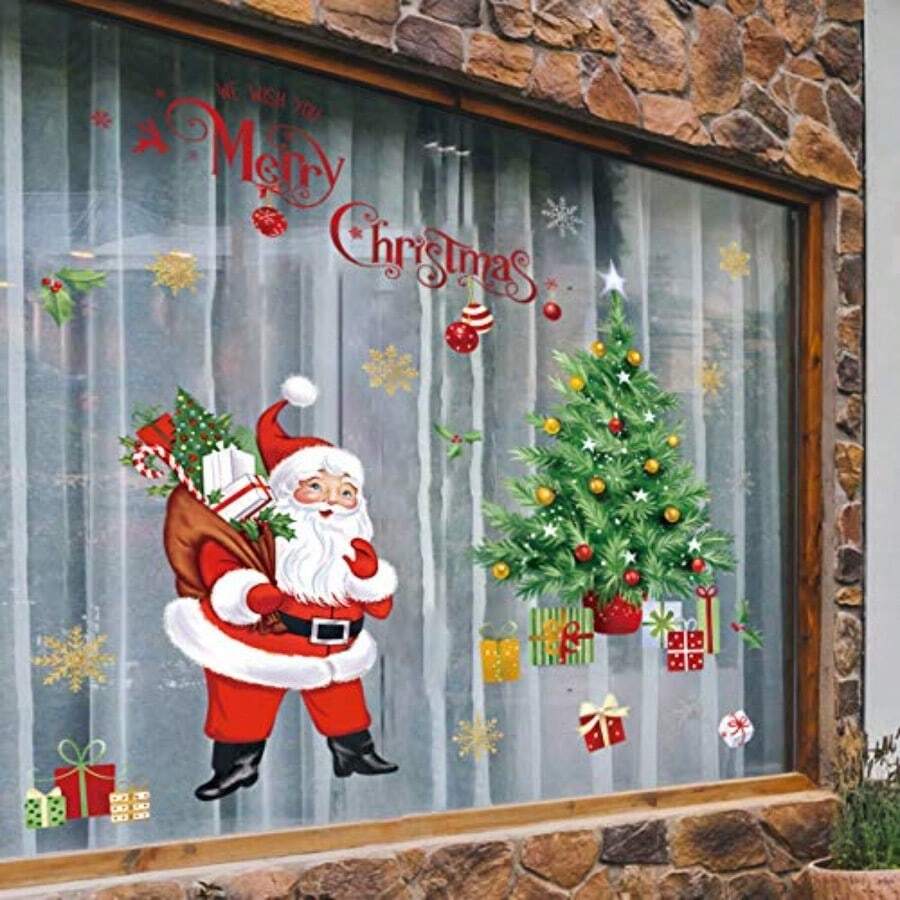 Santa Claus And Snowflakes Wall Stickers - Christmas Tree Wall Decals For Home And Party Window And Door Decor - Multi - View 1