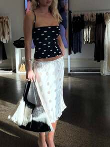 Women Satin Polka Dot Midi Skirt Silky Elastic Waist Ruffle Hem Bodycon Slip Skirts - 白色 - 查看 1