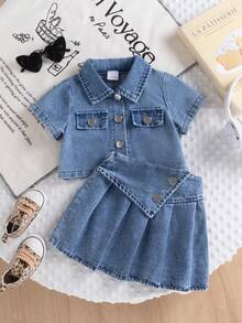 2pcs/Set Infant Girls' Preppy Style Short Sleeve Jacket Top And Pleated Skirt Outfit, Suitable For Daily, Outdoor, School, Commute, Vacation In Summer - Blue - View 2