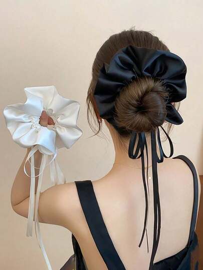 半条缎面蝴蝶结发圈，配长丝带，芭蕾舞风格马尾辫发圈，适合派对和约会，发圈，发圈，弹力发带