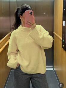 1pc Solid Color Knitted Ribbed Crew Neck Sweater, Suitable For Office, Home, Daily Wear In Autumn, Women Winter Sweater - Yellow - View 1