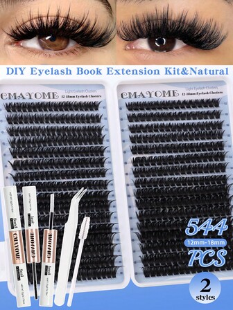 Juego de 640/608/544 pestañas postizas en racimos con efecto D-Curl, incluye adhesivo, sellador de pegamento, pinzas, cepillo para pestañas, ideal para principiantes, realistas y portátiles, kit de pestañas postizas segmentadas DIY con adhesivo, aplicador de pestañas, cepillo para pestañas para un efecto de pestañas suaves y naturales, pestañas postizas de estilo mixto suaves y esponjosas, fácil de hacer en casa, maquillaje de ojos duradero, fácil de usar.