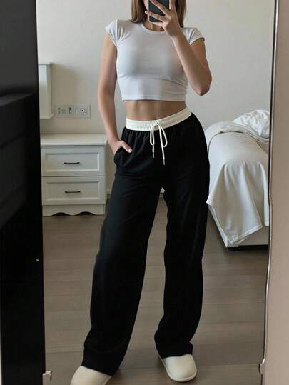 女士高腰抽绳阔腿裤，黑白拼接，适合运动、跑步、健身、瑜伽、休闲、网球等活动