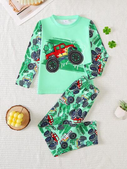 BrownBark 2pcs, Young Boys St. Patrick's Day Offroad Truck Graphic Crew Neck Long Sleeve T-Shirt + Casual Pants Set, Comfortable Casual Boys Children Clothing, Suitable For Boys Daily Wear, Great As St. Patrick's Day Everyday Gift
