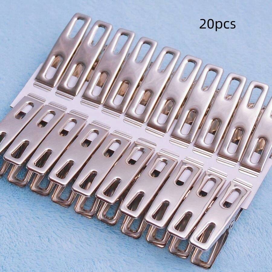 20pcs Heavy Duty Stainless Steel Clothespins - Multi-Purpose Rust-Proof Metal Clips, Suitable For Household Laundry Drying, Easy To Use - Silver - View 1