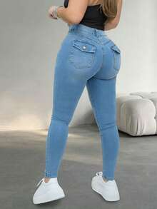 Women's Casual Slim-Fit Denim Jeans, Medium Stretch Fabric, Full Length, With Button And Zipper Pockets, Suitable For Spring And Summer - Blue - View 7