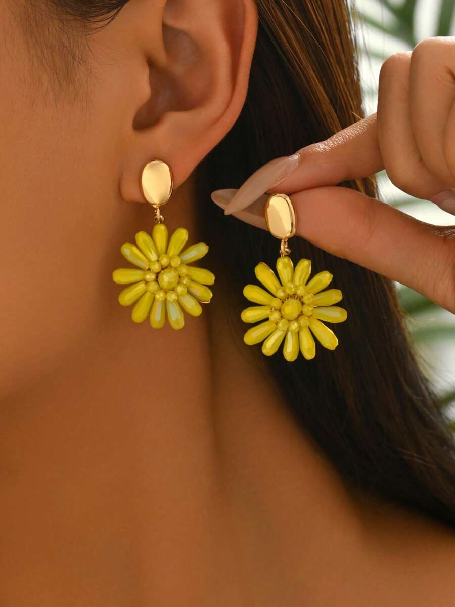 1 par de pendientes de margarita vintage estilo bohemio hechos a mano con cuentas coloridas, adecuados para que las mujeres los usen en citas diarias, fiestas, reuniones, vacaciones, festivales de música, bodas y cualquier ocasión - Amarillo - Ver 1