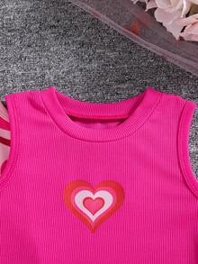 2pcs/Set Girls' Heart Print Sleeveless Ribbed Casual Dress, Outdoor - Hot Pink - View 5