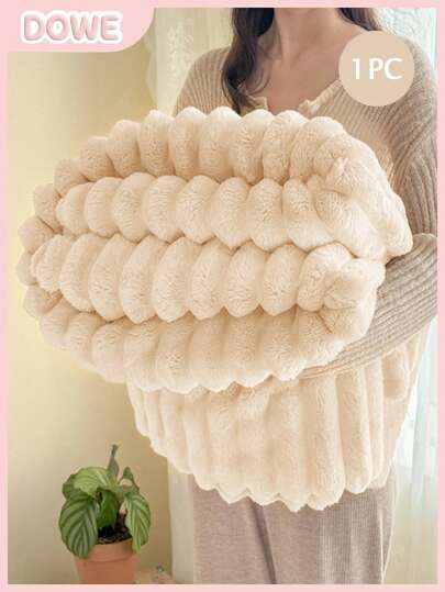 1 st. lyxig vändbar filt i fuskpäls - mjuk randig flanell, varm och mysig, lämplig för tupplur, kontor, camping, soffa - mångsidigt överkast i polyester, perfekt julklapp