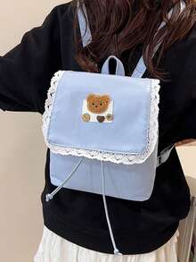 1 Diseño de mochila mini estilo Lolita dulce, decoración de oso de peluche + ribete de encaje, tela suave, ligera, cierre de cordón, adecuada para salidas y citas con amigos en primavera/otoño - Multicolor - Ver 2