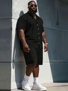 Plus Size Men's Shirt Suit, Short-Sleeved Shirt And Shorts Two Pieces, Solid Color Can Be Machine Washed, Plus Size. - Black - View 9