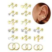 DAILI 5-21对18K镀金小号平底耳钉，男女通用，低过敏性医用不锈钢耳环套装，迷你螺丝耳骨耳钉 - 15對耳環套裝 - 查看 16