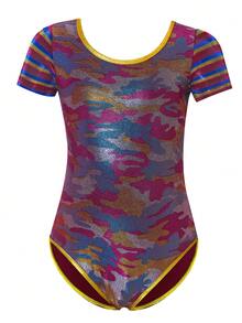 Girls' Camouflage Print Gymnastics Leotard, Children Short Sleeve One-Piece Snug Fit Jumpsuit - Coral Orange - View 2