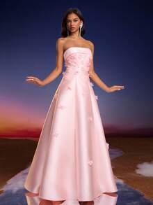 Vestido maxi con espalda descubierta, corpiño de satén lujoso con estampado floral de Anymoon, adecuado para graduación, baile de graduación, dama de honor, gala de alta gama, fiesta de compromiso, celebración del Eid - Rosa - Ver 6