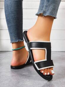 女士真皮T字带宽楦平底凉鞋，软底舒适休闲沙滩凉鞋 - 黑色 - 查看 5