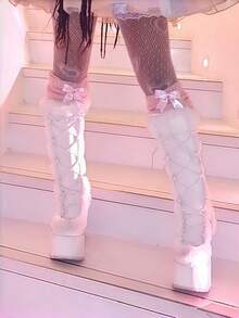 Women's Christmas Winter Furry Snow Boots Womens Mid Calf Boots Lace Up Zip Block Chunky High Heel Punk Goth Warm Fur Winter Snow Platform Knee High Boots - trắng - Xem 7