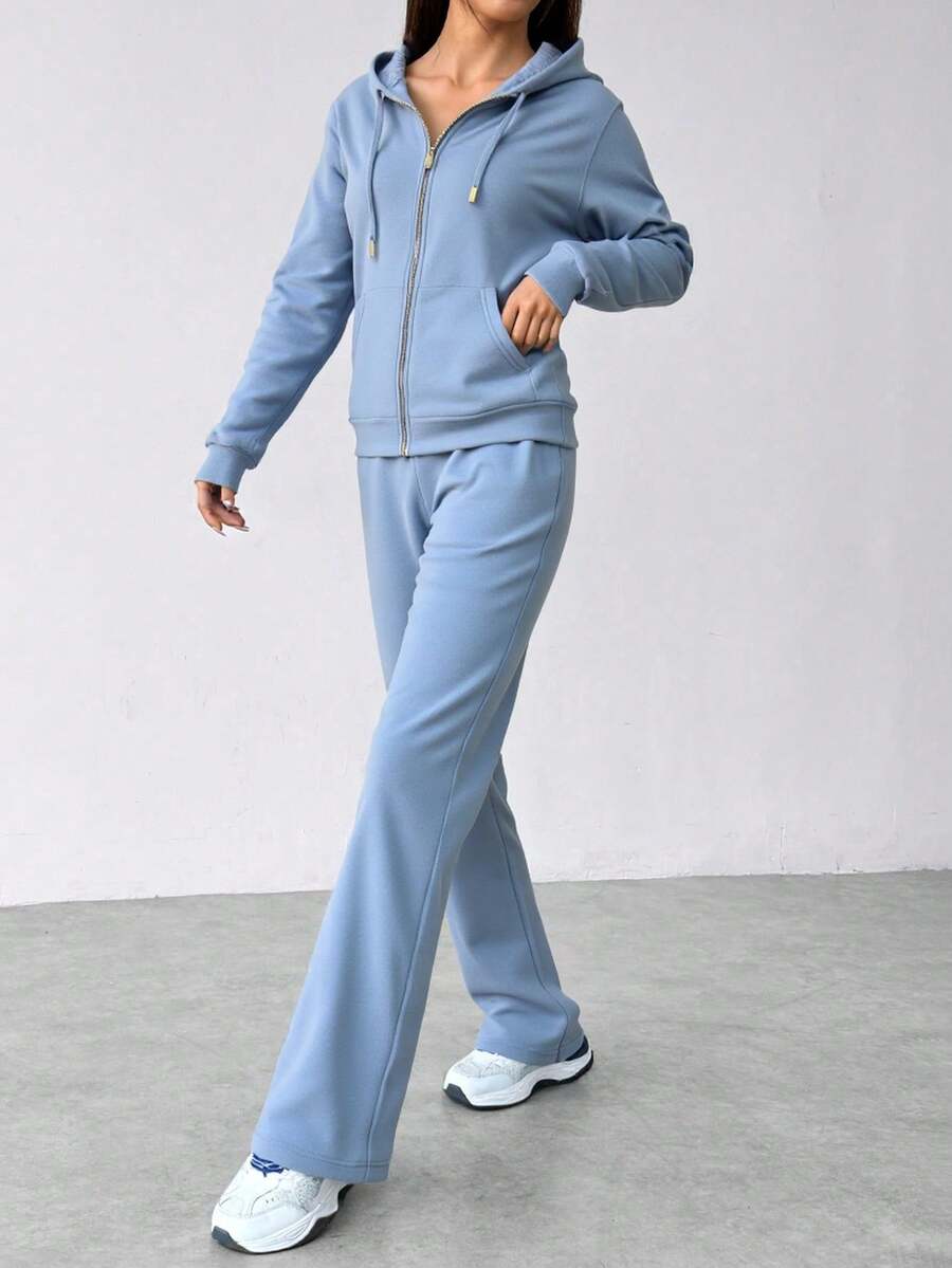 Conjunto de sudadera con capucha y cremallera para mujer -pantalones de pierna ancha, estilo casual y moderno, ideal para múltiples ocasiones. Tela suave y transpirable, diseño con detalles en negro y oro, - Azul - Ver 1