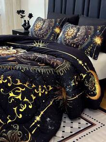 3PCS Golden Sun And Moon Planet Intensification Quilt Set(1 Comforter+2 Pillowcases Without Pillow Core), Contains Padding 180gsm Quilting Soft Ventilate Digital Printing Bedroom Dormitory Room Decor King Size Quilt Cover Set - Nhiều màu - Xem 5