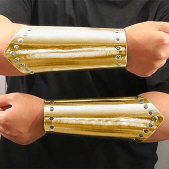 2pcs Adjustable Silvery/ Golden Highlighted PU Leather Wrist Guard Arm Guard, Vintage Rivet Wrist Guard Arm, Halloween Nordic Viking Literary Renaissance Cosplay Props, Punk Arm Cosplay Dress-Up Props Costume Accessories