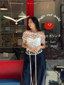 Womens Sheer Tops Off The Shoulder Short Sleeve Ruched See Through Slim Fit Polka Dots Print Elegant Blouses Y2k Tee Shirt - trắng - Xem 7