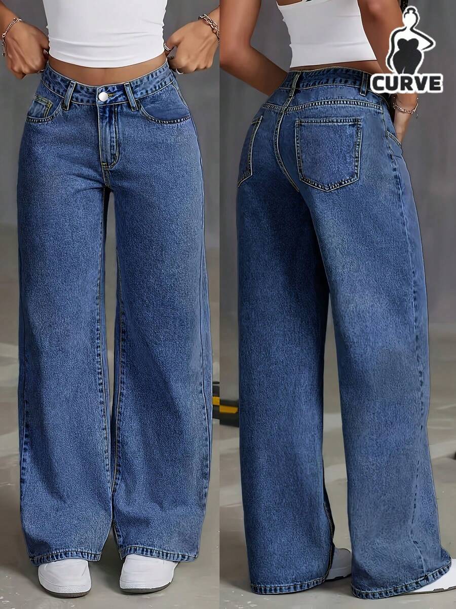 Women's Large-Sized High-Waisted Stretch Blue Distressed Wide-Leg Jeans With Slanted Pockets, Zipped Closure, Distressed Pure Color Wide-Leg, Slimming Effect, Retro Casual And Comfortable Style, Fashionable And Versatile For All Occasions. - Màu xanh trung bình - Xem 1