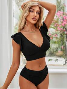 Conjunto de bikini bohemio con escote en V, mangas con volantes, nudo delantero y espalda descubierta para vacaciones de verano de mujer - Negro - Ver 3