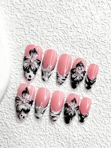 10pcs Y2K Black & White Nail Stickers, Handmade Nail Art Set Includes Star, Flower Shaped Nail Decorations. Mini Silver Metal Bead Nail Decor, Black & White Gel Nails, Mature & Steady, 3 Sizes Available: Almond, Duck Mouth, Coffin Nail Shapes, Comes With Tool Kit, Suitable For Women & Girls, For Party, Daily Wear Nail Supplies - 彩色 - 查看 15