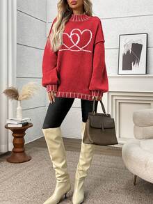 Plus Size Casual Crew Neck Striped Contrast Color Knit Pullover Sweater - Red - View 3