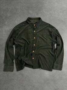 Plus Size Men's Casual Solid Color Corduroy Fabric Turndown Collar Long Sleeve Button Up Pocket Shirt Jacket, Suitable For Outdoor Activities, Commuting, Leisure, Must-Have