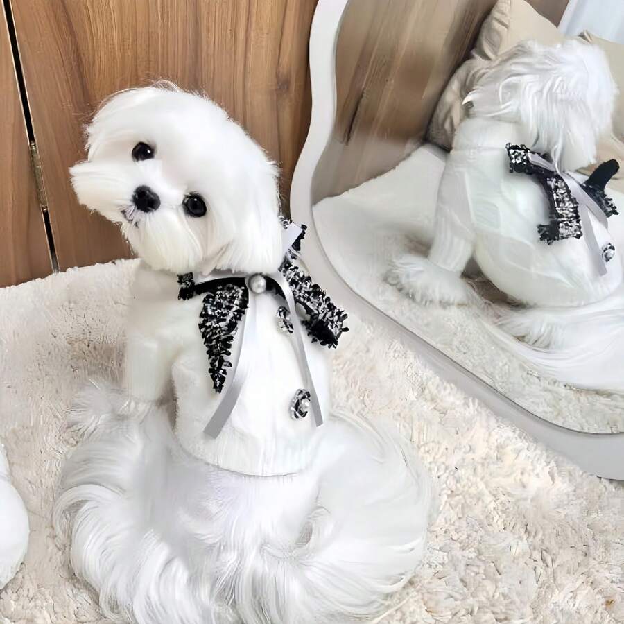 This White Faux Fur Pet Sweater Is Suitable For Autumn And Winter Wear, Featuring A Bow Design And Large Button Decoration, Soft And Comfortable, With A French Style, Suitable For Teddy Bears, Bichon Frises, Pomeranians, Yorkshire Terriers, And Maltese Dogs And Cats To Wear. - Multicolor - View 1