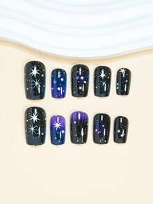 Instantly Upgrade Your Look With 24pcs Medium Square Nails Press On Elegant Black Blue Gradient With White Stars And Purple Galaxy Nails Fashionable White Starlight With Black Galaxy Starry Sky Fake Nails Y2K Full Coverage Fake Nail Tips For Women And Girls Includes Nail Salon With 1 Piece Of Jelly Gel And 1 File Stri Jelly Gel Random Shipment - Purple - View 3