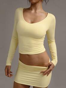 XLLAIS 百搭纯色褶皱修身半身裙，休闲日常穿着，米黄色，春夏款 - 黃色 - 查看 5