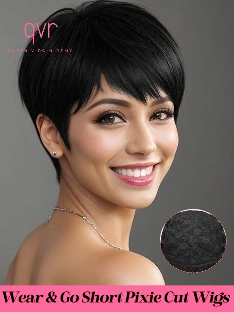 QVR QUEEN VIRGIN REMY QVR Short Straight Bobo Wig, Wear And Go, Pixie Short Hair Style, Women's Human Hair, Glue-Free Short Wig, Christmas Gift Choice. Remy Human Hair, Fully Machine Wefted, Natural Black Color, Short Hair Style, Comfortable For Daily Wear. - S1 - View 1