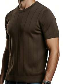 Men's Brown Ribbed Knit T-Shirt, Stylish, Short-Sleeved, Textured, Luxury Knit - 鏽棕色 - 查看 2