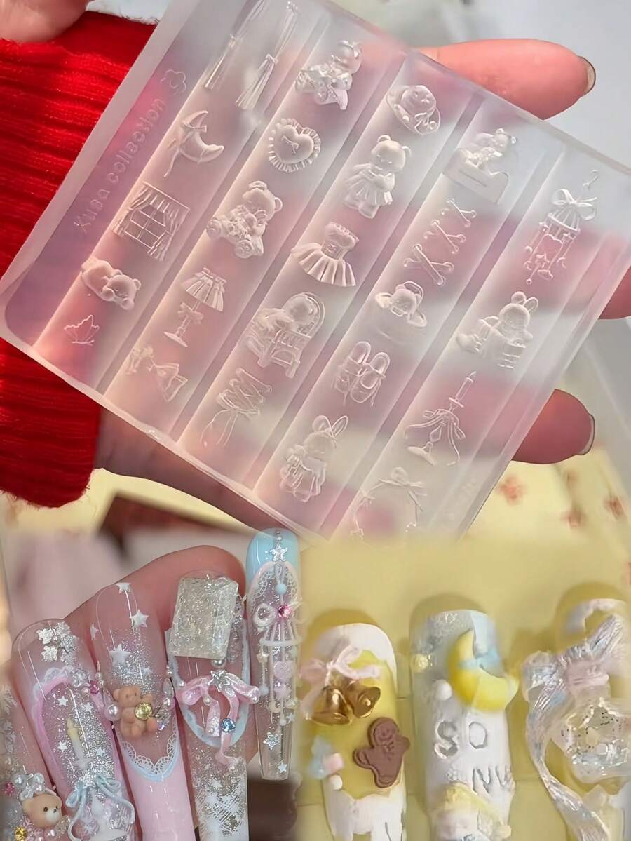 1个透明硅胶模具，可用于DIY美甲、月亮、泰迪熊、烛台、领结、窗帘、甜点、蛋糕装饰