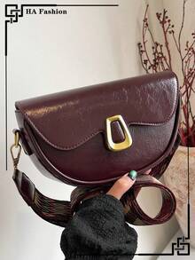 复古酒红色马鞍包，宽肩带，酒红色斜挎包，日常通勤腋下包