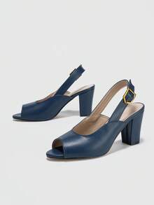 Giày sandal nữ hở mũi, gót chunky, quai ngang mắt cá chân, kiểu dáng thời trang đa năng, phù hợp cho cả công sở và dự tiệc. - Màu xanh hải quân - Xem 3
