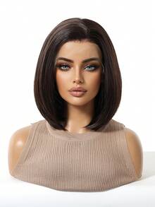 13*4 High Definition Lace 10 Inch Black Brown Bobo Head Straight Synthetic Wig, Fashionable Halloween Funny Style, 10 Inch Bobo Head Straight Hair, 13*4 High Definition Lace Area, No Bangs, Heat Resistant Synthetic Hair, Suitable For Daily Wear, Parties, Halloween And Cosplay. - Black Brown - View 5