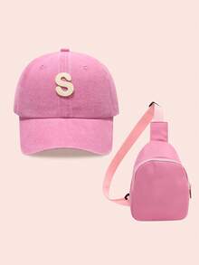 2pcs/Set Girls Letter Print Pink Baseball Cap & Bag, Boys Breathable Casual Wear Outfit For Everyday & Outdoor