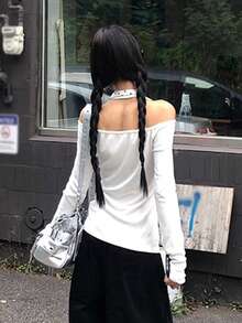 女士长袖露肩修身T恤 - 白色 - 查看 5