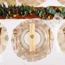 Juego de 8 manteles individuales redondos dorados para mesa de comedor vinilo prensado metálico para decoración de bodas aniversarios y fiestas - FloralSeaGold - Ver 3