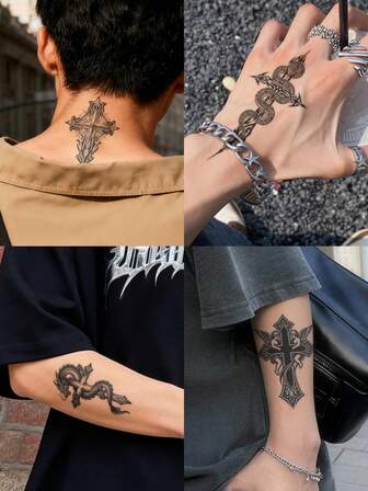 1Pc Men Tattoo Cross Temporary Tattoos Fake Semi Permanent Tattoo Geometric Anchor Dragon Rose Snake Angle Compass Waterproof Sweatproof Last For 1-2 Weeks Realistic Herbal Juice Anti-Friction Non-Reflective Black For Woman And Men Tattoo Stickers For Arm, Chest, Leg, Abdomen, Waist, Finger, Neck, Spine, Modernist Body Art
